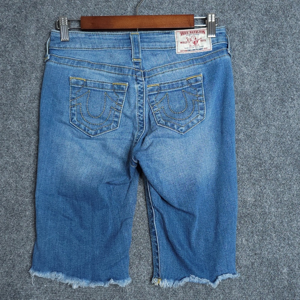 True Religion Jean Shorts Womens 26 Blue Bermuda Distressed Denim Stretch Jorts - Picture 3 of 8